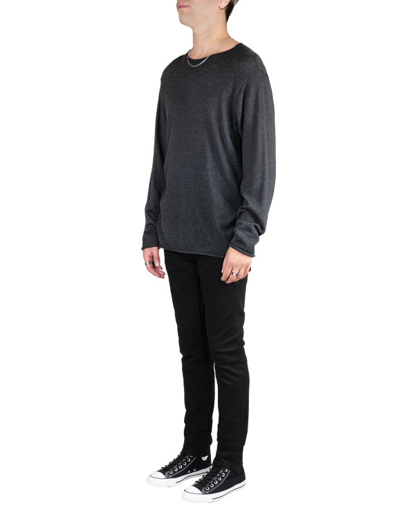 Men's Long Sleeve Pullover with Rolled Edges in Dark Heather-full side view
