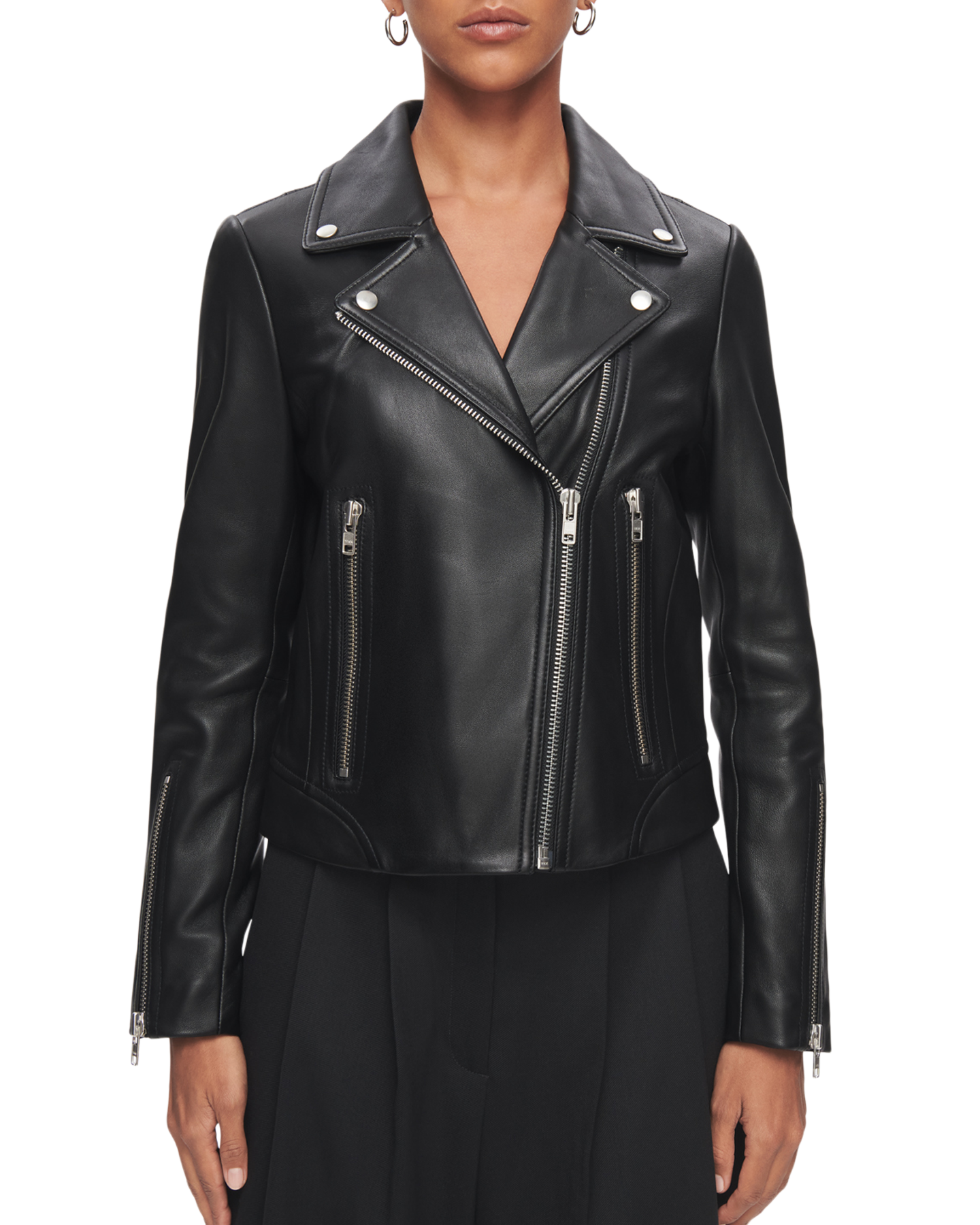 Women's Leather Biker Jacket in Black with Silver Hardware | DSTLD